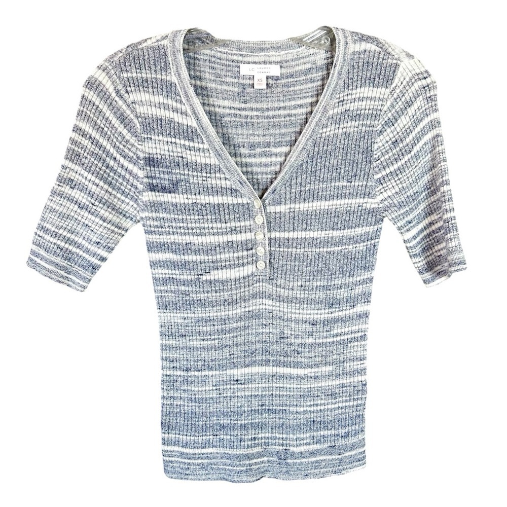 Womens XS Henley Blue/Grey White Top Striped Short Sleeve Ribbed Casual Office